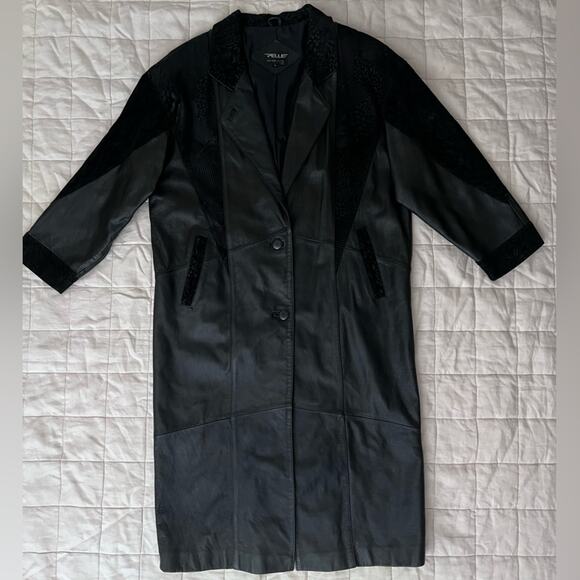 Vintage Pelle Black Embossed Suede Patchwork Leather Long Trench Coat - Large - Picture 1 of 11